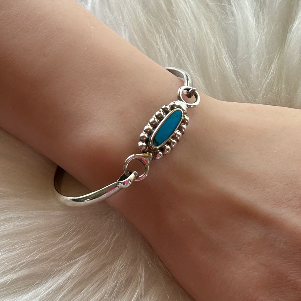 Vintage Taxco Mexico 925 Sterling Silver & Turquoise Bangle Bracelet 18g 7”
